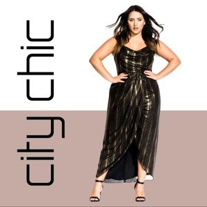 City Chic  Glitter Lines Draped Dress Tulip Wrap Cowl Maxi Chiffon Black Gold 14